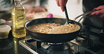Hands, person and stirring food in kitchen for cooking sauce, meal preparation and risotto recipe. Chef, vegetables and rice dish with culinary skills, nutrition dinner and gourmet cuisine at house