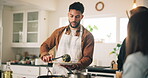 People, learning and cooking with chef in kitchen with meal prepare, plating and hospitality industry. Couple, instructor and food instructions for culinary lesson, nutrition process and serve dinner