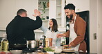 Cooking, chef and people with high five in kitchen for culinary skills, food prep success and learning support. Class, professional and couple with celebration for gourmet recipe progress or teamwork