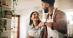 Happy, couple and cooking food in kitchen for meal preparation, helping and aroma of nutrition lunch. People, chef teaching and laughing with healthy ingredients, gourmet cuisine and bonding at house