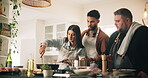 Couple, learning and cooking with chef in kitchen with meal prepare, teaching skill and hospitality industry. People, instructor and food instructions of culinary lesson, nutrition process and dinner