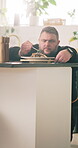Plating, man and herbs on food in kitchen for meal presentation, precision or catering service. Small business, chef and gourmet dish with garnish for flavor, ingredients or recipe perfection in home