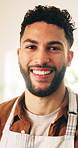 Happy, man and face of chef in kitchen in home with confidence for cooking meal with diet. Food, smile and portrait of male culinary artist with pride for preparing dinner with nutrition for health.