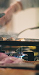 Cooking, stove and hands of chef with vegetables for culinary skills, gourmet recipe and meal prep for dinner. Catering, restaurant and person with ingredients for cuisine, mushroom dish or nutrition