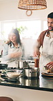 Teamwork, couple and cooking food in kitchen with time lapse, meal preparation and bonding activity. Man, woman and support with gourmet recipe in home with helping, healthy ingredients and nutrition