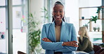 Crossed arms, office and face of business black woman with company pride, confidence and smile. Corporate, professional and portrait of happy person for investor career, job and financial consultant
