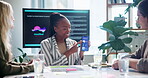 Business woman, phone screen and presentation for app development, explain UI or application functions for funding. Meeting, pitch for investors or collaboration with UX designer and mobile tech