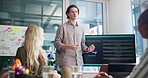 Business people, presentation and man in office, feedback or app subscription for live streaming. Group, employees or person in workplace, coming soon or sign up with software update or collaboration