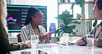 Woman, phone and screen for presentation for app development, explain UI or application functions for funding. Meeting, pitch for investors or collaboration, mobile tech and UX designer in boardroom