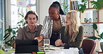 Creative agency, planning and people with tablet in meeting for online campaign, website traffic review and SEO. Digital marketing, brainstorming and teamwork with metric analysis and KPI strategy