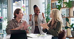 Celebration, applause and business people in office, tablet and smile with profit growth. Positive review for company, b2b deal or employees in workplace, clapping or achievement with reward or tech