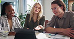 Creative, discussion and employees with tablet in meeting for campaign planning, KPI statistics and SEO analysis. Digital marketing, people and teamwork with metric system, brand strategy and ideas