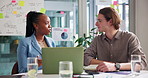 Meeting, planning and business people on laptop in office for kpi review, SEO analysis and statistics. Professional, teamwork and workers on computer for research, digital marketing or online project