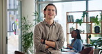 Crossed arms, office and face of businessman laugh with company pride, confidence and smile. Creative startup, marketing consultant and portrait of happy person for career, job and media project