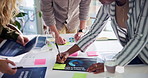 Meeting, documents and hands of business people writing for planning, project review and statistics. Marketing data, teamwork and men and women with infographic, sticky notes and ideas in office