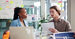 Planning, meeting and business people with documents for proposal, project and research. Creative startup, sticky notes and men and women with paperwork for marketing, statistics and brand strategy