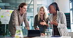 Meeting, planning and business people with laptop and notes for project feedback, research and ideas. Creative agency, professional and men and women with documents for review, strategy and marketing