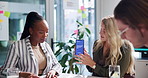 Woman, phone screen and app development presentation, explain UI or application functions for funding. Business meeting, pitch for investors or collaboration, UX designer and mobile tech in boardroom