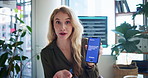 Face, business and woman with presentation, cellphone and proposal for subscription progress. Portrait, person or app developer with smartphone, coming soon or user experience with software update