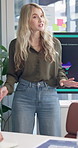 Presentation, talking and business woman in meeting for tech startup, music app prototype and project. Developers, sound search algorithm and discussion with person in office for programmer pitch