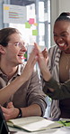 People, meeting and high five with success at startup for goals, support and results at tech company. Group, man and woman with cheers, celebration and applause with happy for achievement at agency