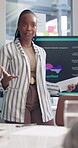 Presentation, planning and business woman in meeting for tech startup, music app prototype and project. Developers, sound search algorithm and discussion with person in office for programmer pitch