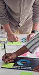 Hands, brainstorming and business people in office, documents and review for tech process. Closeup, group and employees in workplace, report for survey or charts for user experience, idea or planning