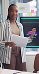 African woman, presentation and screen at startup, office and talk with documents for tech company. Person, monitor and speaker with pitch for music application, mood and stats with graphs at meeting