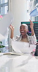 Applause, celebration and throwing paper with business people in boardroom of office for meeting. Achievement, high five and success with finance team in workplace for bonus, goals or target