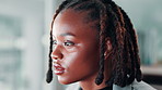 Office, business and black woman reading for research, internet search and online website. Corporate, professional  and face of person on computer for information, email and planning for project