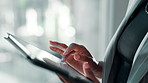 Business, hands and woman with tablet, typing and connection with website info. Person, employee and financial consultant in workplace, technology and message to contact, email and communication