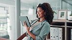 Business, smile and woman with tablet, internet and editing with connection. Happy person, employee and journalist in office, website info and message to contact, email and texting with proofreading