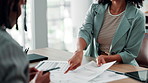 Business people, meeting and documents with signature for contract, agreement or policy at office. Hands, accountant and financial advisor with client paperwork for legal deal, loan or settlement