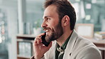 Businessman, talking and conversation with phone call for proposal, discussion or chat at office. Man, employee or financial advisor with smile on mobile smartphone for business negotiation at work