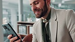 Texting, employee and man with smartphone, office and communication for project, online and social media. Corporate, typing and person with mobile for sales, chat and  message with tech in business