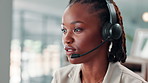 Black woman, consultant and talking with headset at call center for communication or online assistance. Female person, agent or CRM advisor with mic for virtual help, support or customer service