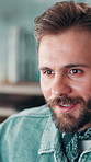Creative, reading and smile with business man in office for design or web development. Computer, information and programming with happy designer in workplace for review of code, language or script