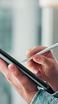 Hands, pen and business person on tablet for writing report, schedule or compliance officer sign contract. Closeup, digital technology or worker with stylus for regulations or review policy in office