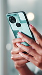App, hands and phone with business black woman in office for communication or text message. Contact, smile and social media with happy employee closeup in workplace for mobile networking or search