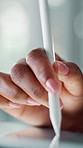 Hands, stylus and business woman on tablet for writing report or compliance officer sign electronic contract. Closeup, touchscreen technology or worker with pen for policy review online in office