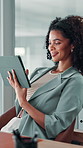 Tablet, reading and happy business woman with schedule, administration or secretary scroll online. Digital technology, office and worker on internet for networking, booking appointment or check email