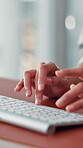 Computer, hands and journalist with typing on keyboard for editing article, submission feedback and proofreading. Office, person and writing story for news publication, creative research and planning