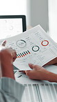 Revenue, hands or business people with charts paperwork, financial growth or performance report. Closeup, financial documents or analysts in meeting for data analytics, graphs or finance statistics