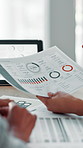 Revenue, hands or business people with graphs paperwork, financial growth or performance report. Closeup, financial documents or analysts in meeting for data analytics, charts or finance statistics