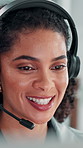 Headset, woman and call center agent in office with communication, contact us or helpdesk. Talking, mic and female customer experience manager with online crm for client support in workplace.