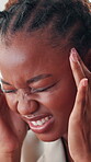 Business, woman and pain with headache in office for work pressure, burnout and accounting mistake. African person, discomfort and fatigue with migraine of deadline stress, brain fog and finance risk