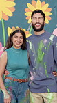 Couple, face and paint flower mural by wall, creative bonding and love with happiness for DIY art project. Man, woman and hug in portrait with painter team, support and aesthetic floral design