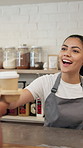 Happy, waitress and customer in coffee shop, takeaway and purchase of hot beverage, cup and morning. Hospitality, consumer and server with package in small business, people and sale of latte in cafe