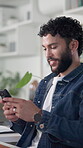 Business, man and smile with phone in office for email notification, typing message and online client feedback. Professional, employee and smartphone for mobile chat, internet search and reading news