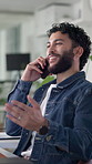 Phone call, negotiation and man in office with communication for client approval on project. Contact, cellphone and male creative director on mobile discussion for business networking in workplace.